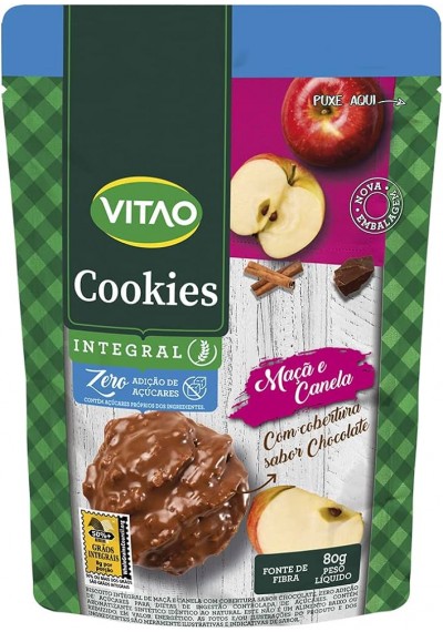 Cookies integral sem adição de açúcares com cobertura de chocolate 80 grs, Vitao 